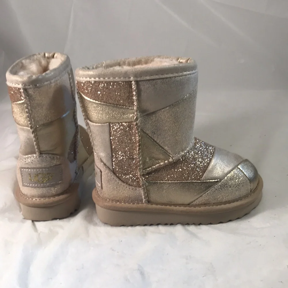 UGG Classic Short 2 Gold Patchwork Glitter Leather Shearling Lined Whimsy Boots